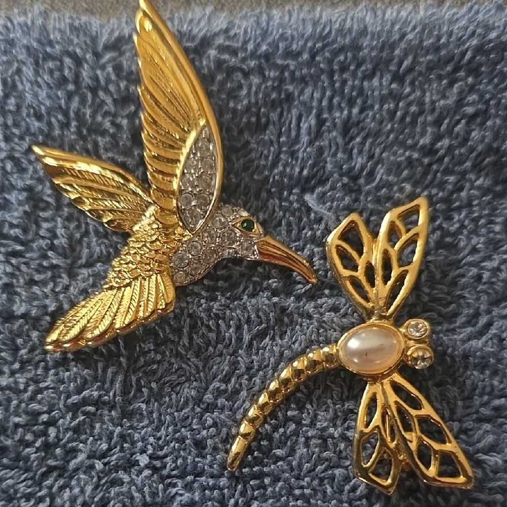 Gold Retro Hummingbird and Dragonfly Animal Brooch Pin Set - Gold Tone Spring